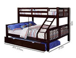 Wooden bunk bed with bedding and measurements on a white background