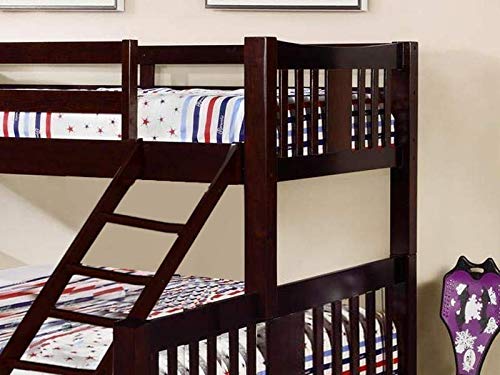 Wooden bunk bed with striped bedding against a beige wall.