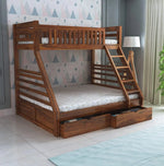 A Sheesham wood bunk bed with a lower queen-sized bed and an upper twin-sized bed, featuring storage drawers and a built-in ladder.