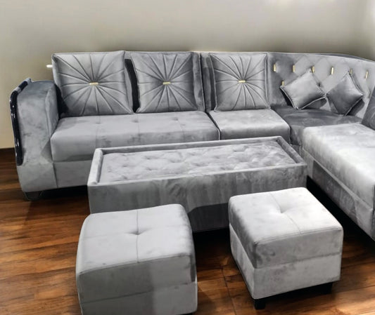 Modern L-Shaped Sectional Sofa Set, 6 Seater with Coffee Table, 2 Ottoman Stools, Grey Velvet Fabric 