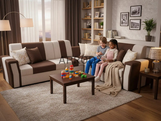 Translation missing: en.L-Shaped Sectional 7-Seater Sofa with Padded Armrest Perfect Fabric Corner Sofa for Guests Living Room, Drawing Room, Office &amp; Lounge (Brown/Grey) 