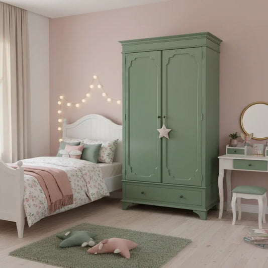 Mango Wood 2-Door 1-Drawer Wardrobe – Khaki Green Almirah 