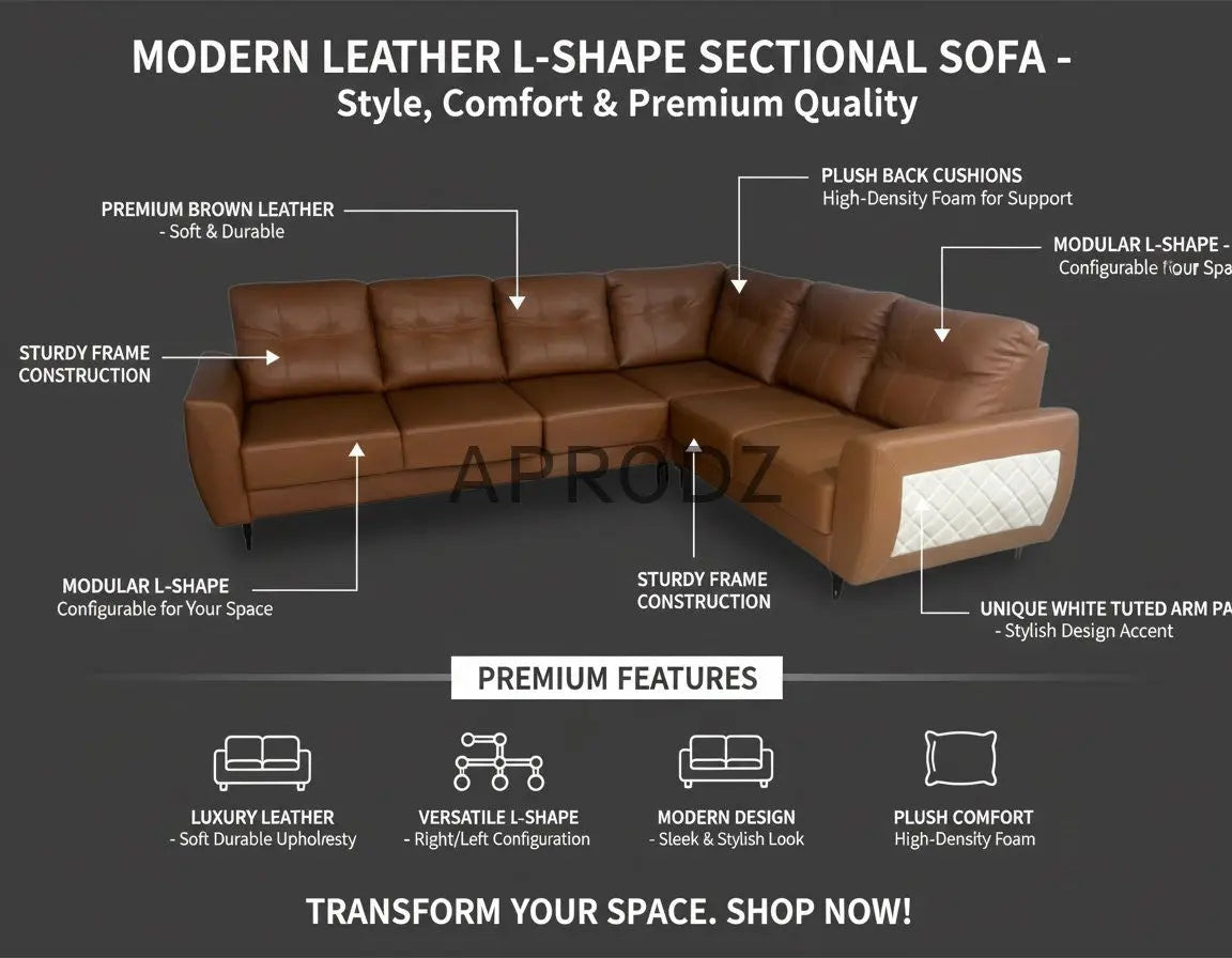 L-Shaped Sectional 6-Seater Sofa Padded Armrest Faux Leather Perfect Fabric Corner Sofa for Guests Living Room, Drawing Room, Office & Lounge (Brown) 