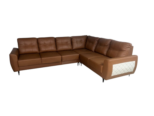 Modern L-Shaped Sectional Sofa, 6-Seater, Brown Faux Leather with Quilted Accents 