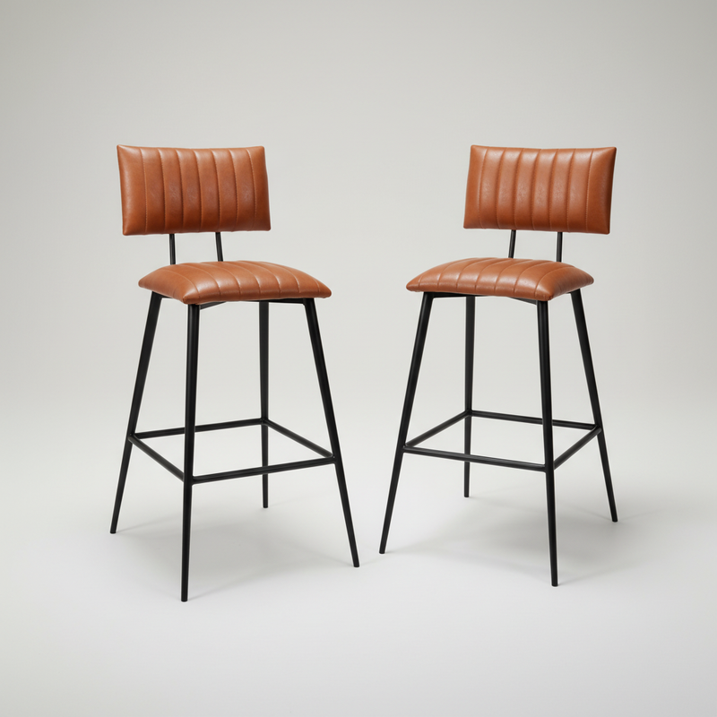 Upholstered Cold Rolled Steel Bar Stool (Brown Fabric + Black Powder Coated) - Set of 2 