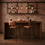 Upholstered Cold Rolled Steel Bar Stool (Brown Fabric + Black Powder Coated) - Set of 2 