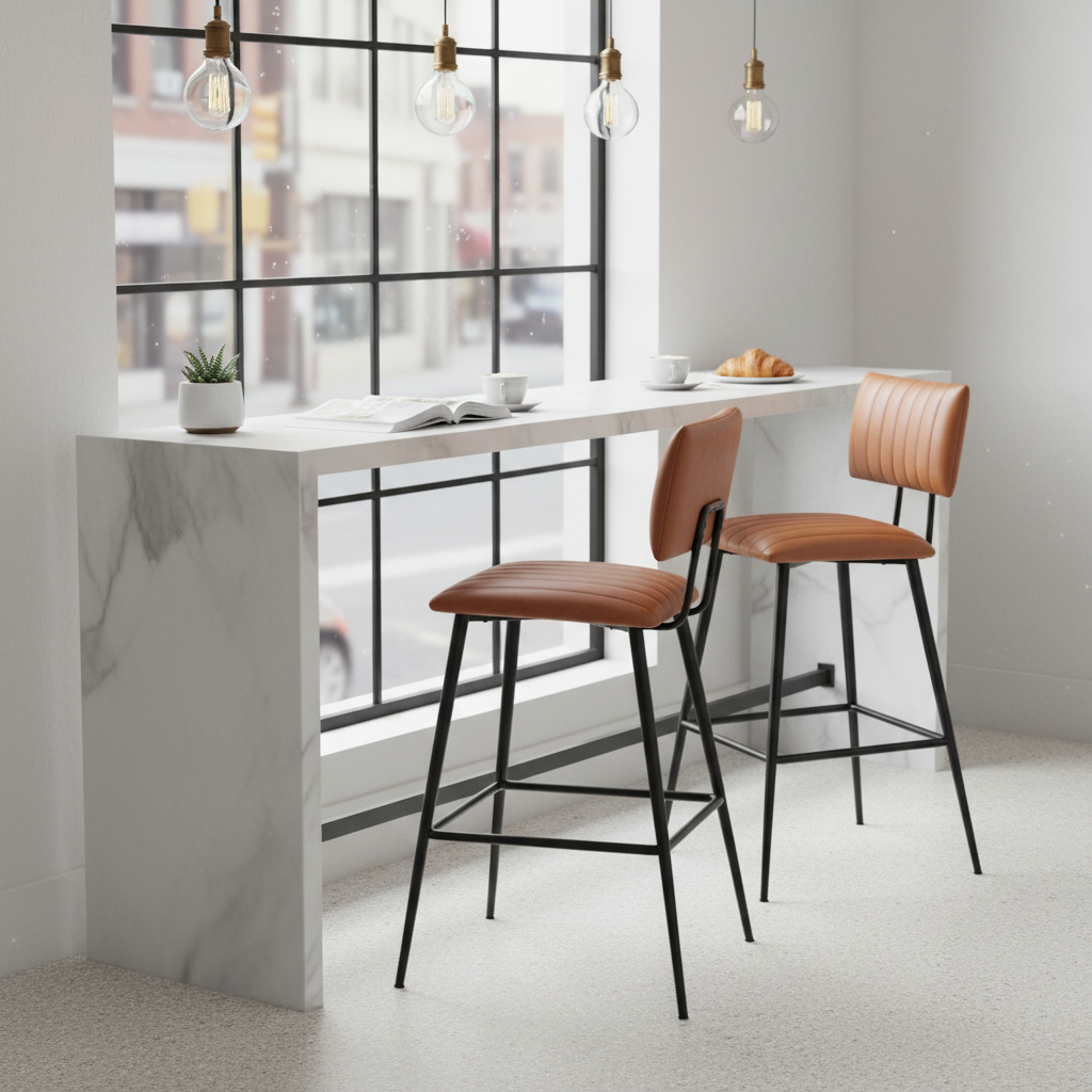 Upholstered Cold Rolled Steel Bar Stool (Brown Fabric + Black Powder Coated) - Set of 2 