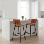 Upholstered Cold Rolled Steel Bar Stool (Brown Fabric + Black Powder Coated) - Set of 2 