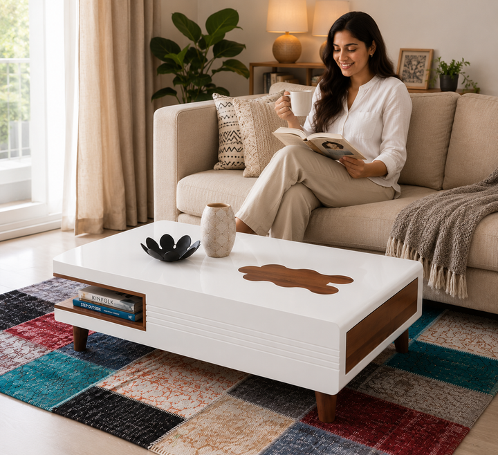 Translation missing: en.Mango Wood Coffee Table with Drawer &amp; Open Shelf – White &amp; Brown 