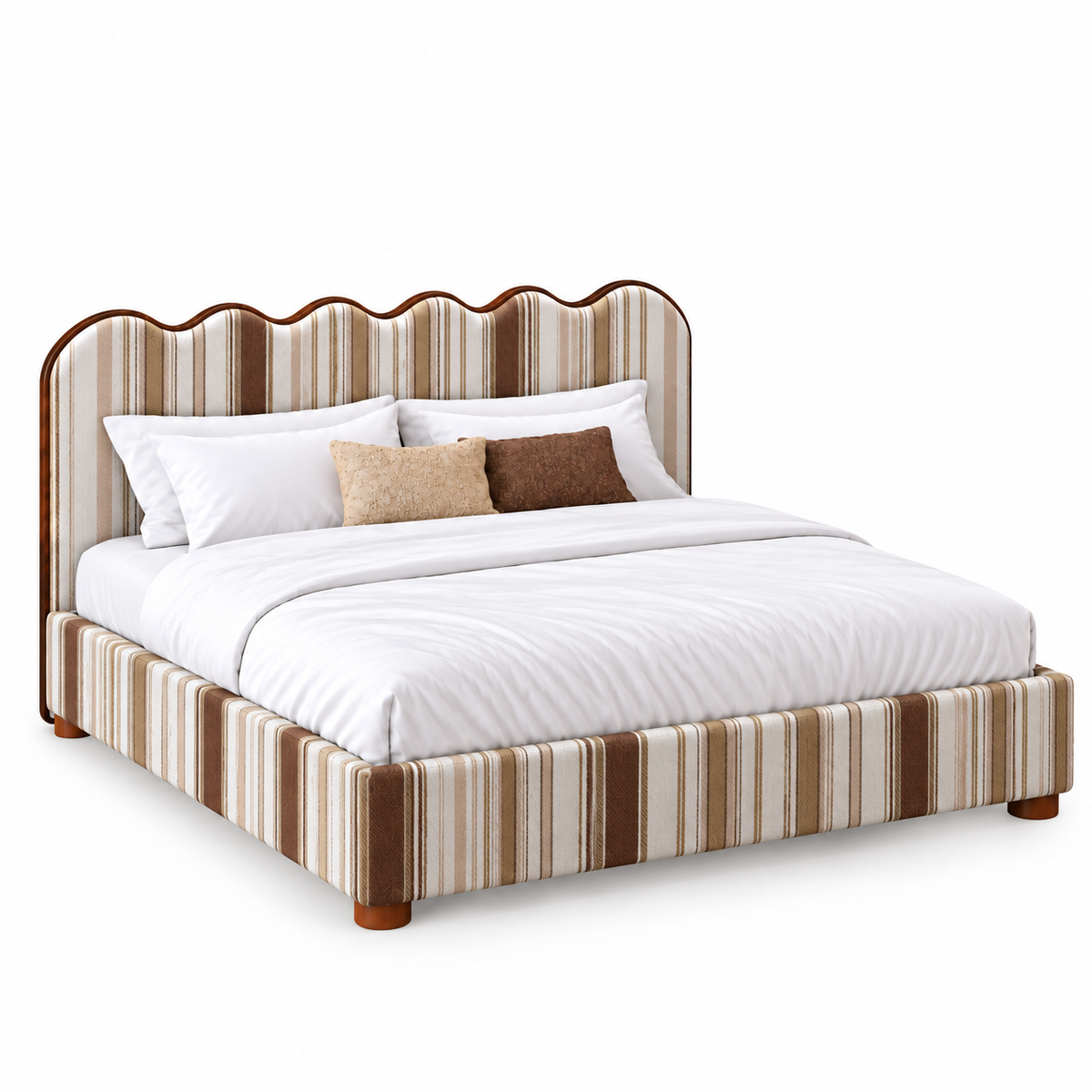 Upholstered Bed with Scalloped Wave Headboard, Striped Fabric Bed Frame for Bedroom, Modern Platform Bed with Wooden Feet, Beige Brown Stripe(Cream & Brown Stripe) 