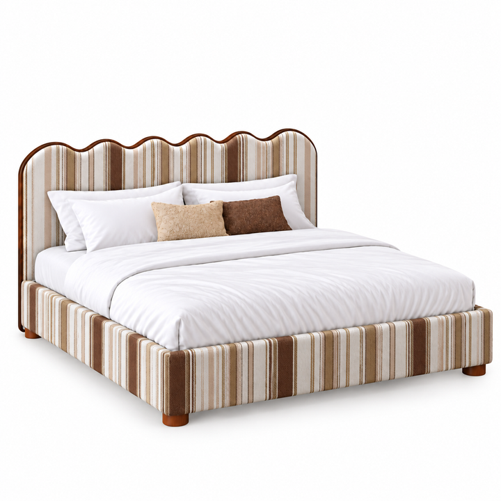 Translation missing: en.Upholstered Bed with Scalloped Wave Headboard, Striped Fabric Bed Frame for Bedroom, Modern Platform Bed with Wooden Feet, Beige Brown Stripe(Cream &amp; Brown Stripe) 