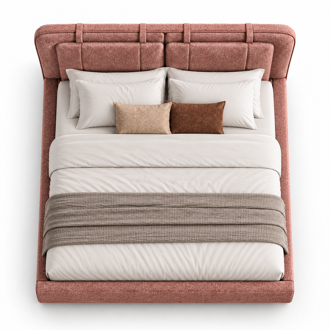 Dusty Rose Pink Upholstered Platform Bed with Panel Headboard & Wooden Legs – Textured Fabric Bed Frame 