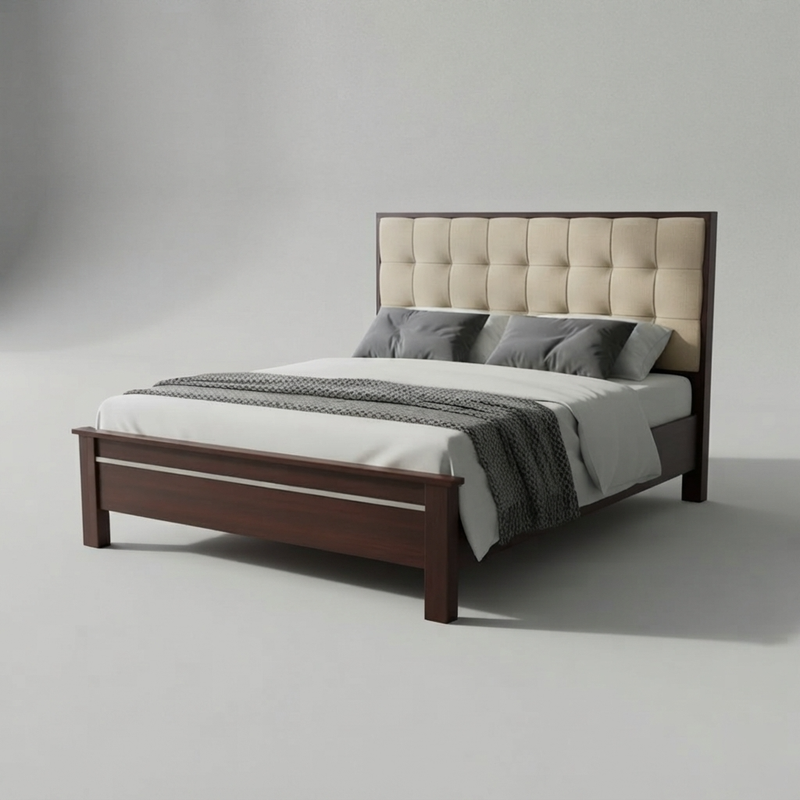 Solid Sheesham Wood Bed Without Storage Double Bed King Size Cot with Tufted Headboard Upholstered Bed for Bedroom (Beige) 