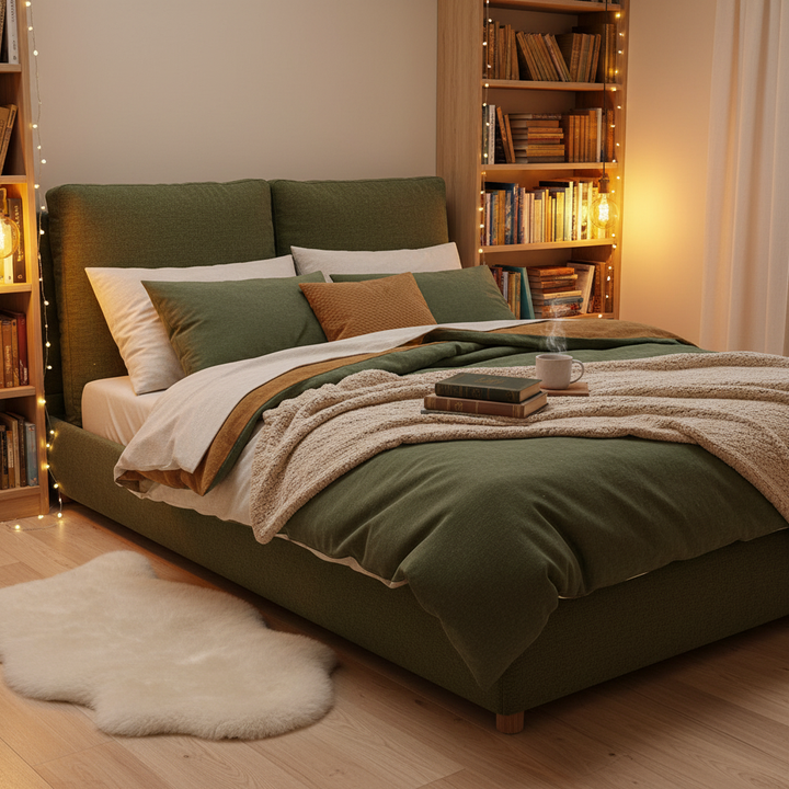 Translation missing: en.Boucle Fabric Upholstered Platform Bed with Two Removable Pillow Headboard, White Finish 