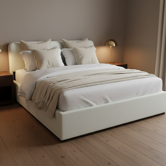 Eira Cloud Boucle Bed Frame With Storage, Upholstered Headboard, Metal Bed Frame With Headboard, Hydraulic Storage System, No Box Spring Required Cream Fabric 