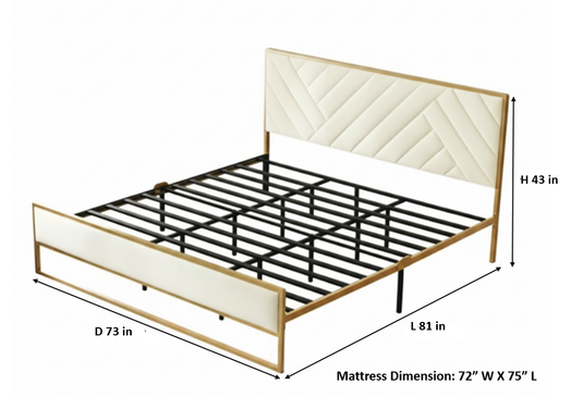 Translation missing: en.Upholstered Platform Bed with Velvet Tufted Headboard Beige Fabric + Gold Powdercaoted 