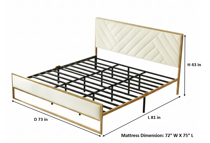 Upholstered Platform Bed with Velvet Tufted Headboard Beige Fabric + Gold Powdercaoted 