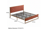 Upholstered Platform Bed with Velvet Tufted Headboard Beige Fabric + Gold Powdercaoted 