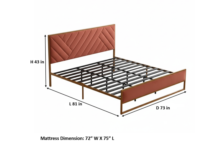 Translation missing: en.Upholstered Platform Bed with Velvet Tufted Headboard Beige Fabric + Gold Powdercaoted 