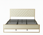 Upholstered Platform Bed with Velvet Tufted Headboard Beige Fabric + Gold Powdercaoted 
