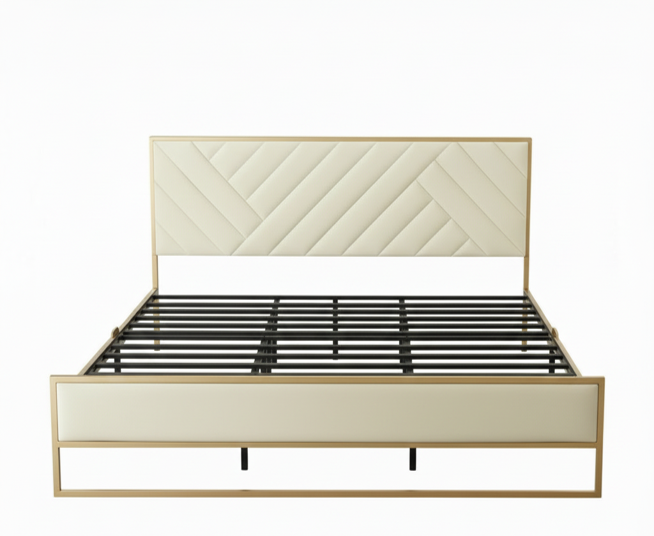 Upholstered Platform Bed with Velvet Tufted Headboard Beige Fabric + Gold Powdercaoted 