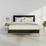 Upholstered Platform Bed with Velvet Tufted Headboard Beige Fabric + Gold Powdercaoted 