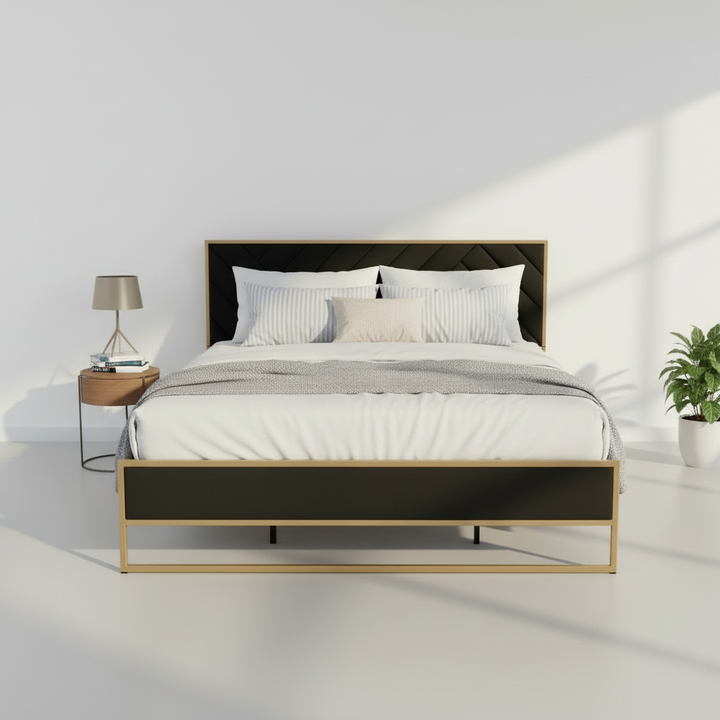 Translation missing: en.Upholstered Platform Bed with Velvet Tufted Headboard Beige Fabric + Gold Powdercaoted 