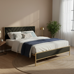 Upholstered Platform Bed with Velvet Tufted Headboard Beige Fabric + Gold Powdercaoted 