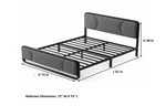 Upholstered Platform Bed Modern Bed Frame with Charging Station, Bed Metal with Velvet Tufted Headboard, No Spring Boxing Needed Grey Fabric + Black Powdercaoted 