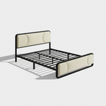 Upholstered Platform Bed Modern Bed Frame with Charging Station, Bed Metal with Velvet Tufted Headboard, No Spring Boxing Needed Grey Fabric + Black Powdercaoted 