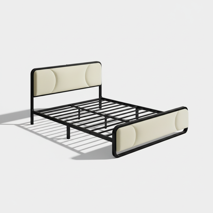 Translation missing: en.Upholstered Platform Bed Modern Bed Frame with Charging Station, Bed Metal with Velvet Tufted Headboard, No Spring Boxing Needed Grey Fabric + Black Powdercaoted 