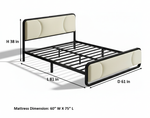 Upholstered Platform Bed Modern Bed Frame with Charging Station, Bed Metal with Velvet Tufted Headboard, No Spring Boxing Needed Grey Fabric + Black Powdercaoted 