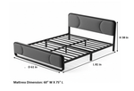 Upholstered Platform Bed Modern Bed Frame with Charging Station, Bed Metal with Velvet Tufted Headboard, No Spring Boxing Needed Grey Fabric + Black Powdercaoted 