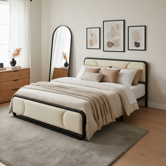 Upholstered Platform Bed Modern Bed Frame with Charging Station, Bed Metal with Velvet Tufted Headboard, No Spring Boxing Needed Grey Fabric + Black Powdercaoted 