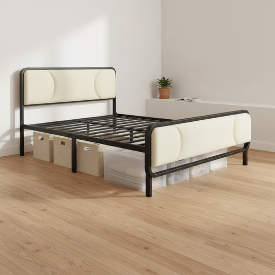 Translation missing: en.Upholstered Platform Bed Modern Bed Frame with Charging Station, Bed Metal with Velvet Tufted Headboard, No Spring Boxing Needed Grey Fabric + Black Powdercaoted 