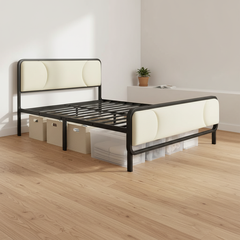 Upholstered Platform Bed Modern Bed Frame with Charging Station, Bed Metal with Velvet Tufted Headboard, No Spring Boxing Needed Grey Fabric + Black Powdercaoted 