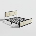 Upholstered Platform Bed Modern Bed Frame with Charging Station, Bed Metal with Velvet Tufted Headboard, No Spring Boxing Needed Grey Fabric + Black Powdercaoted 