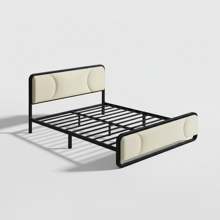 Translation missing: en.Upholstered Platform Bed Modern Bed Frame with Charging Station, Bed Metal with Velvet Tufted Headboard, No Spring Boxing Needed Grey Fabric + Black Powdercaoted 