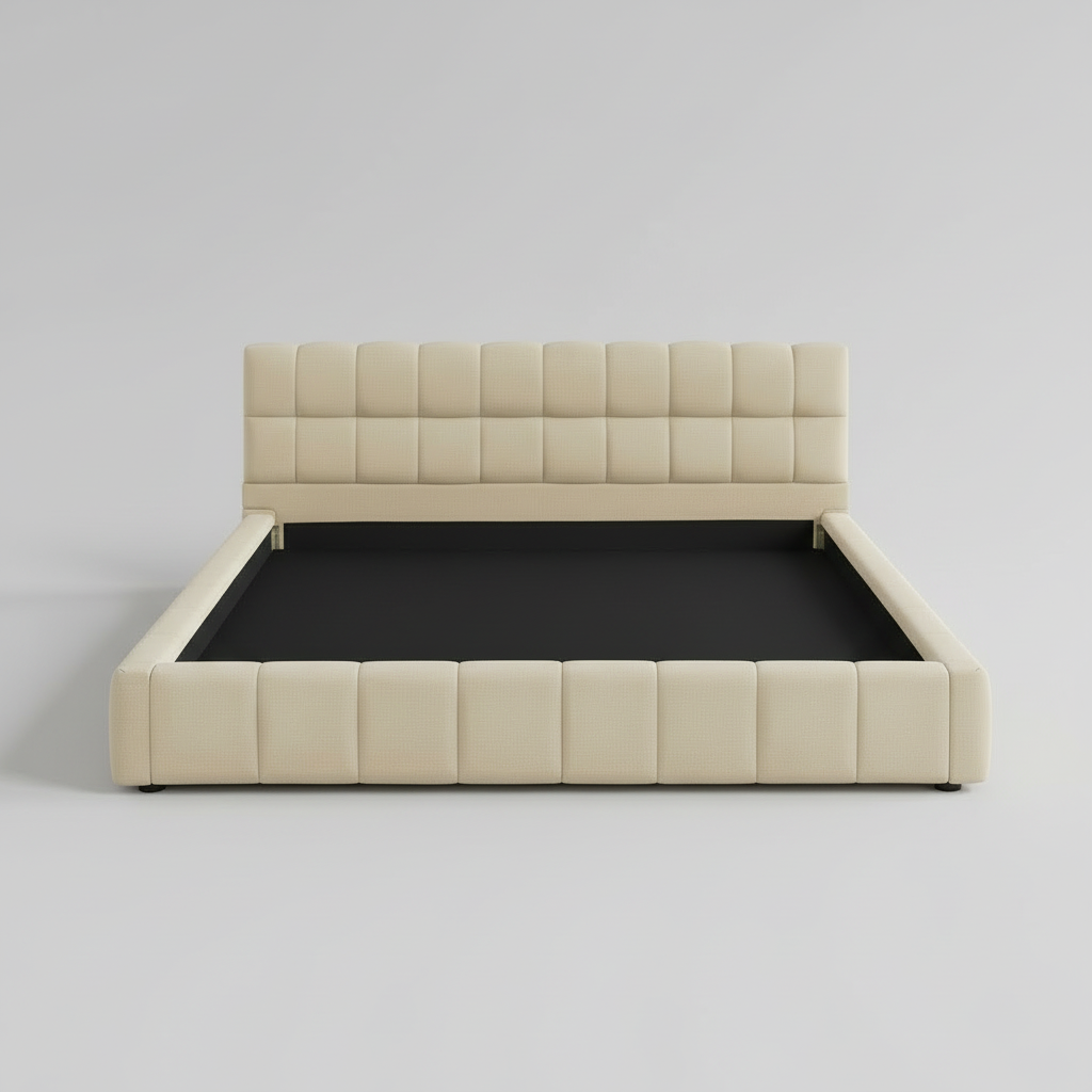 Katence Elegant Linen Platform Bed with Upholstered Headboard and Solid Frame Stability Beige Fabric 