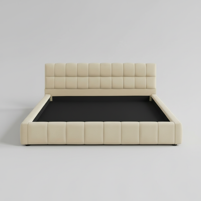 Katence Elegant Linen Platform Bed with Upholstered Headboard and Solid Frame Stability Beige Fabric