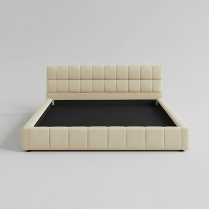 Katence Elegant Linen Platform Bed with Upholstered Headboard and Solid Frame Stability Beige Fabric 
