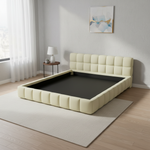 Katence Elegant Linen Platform Bed with Upholstered Headboard and Solid Frame Stability Beige Fabric 
