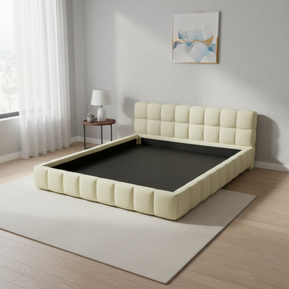 Katence Elegant Linen Platform Bed with Upholstered Headboard and Solid Frame Stability Beige Fabric 
