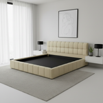 Katence Elegant Linen Platform Bed with Upholstered Headboard and Solid Frame Stability Beige Fabric 