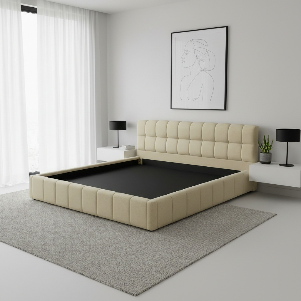 Katence Elegant Linen Platform Bed with Upholstered Headboard and Solid Frame Stability Beige Fabric 