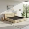 Katence Elegant Linen Platform Bed with Upholstered Headboard and Solid Frame Stability Beige Fabric