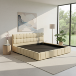 Katence Elegant Linen Platform Bed with Upholstered Headboard and Solid Frame Stability Beige Fabric 
