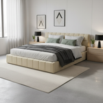 Katence Elegant Linen Platform Bed with Upholstered Headboard and Solid Frame Stability Beige Fabric 