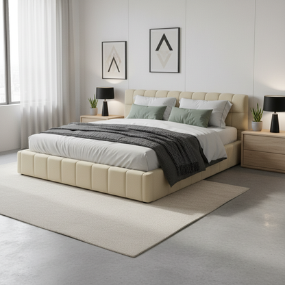 Katence Elegant Linen Platform Bed with Upholstered Headboard and Solid Frame Stability Beige Fabric 