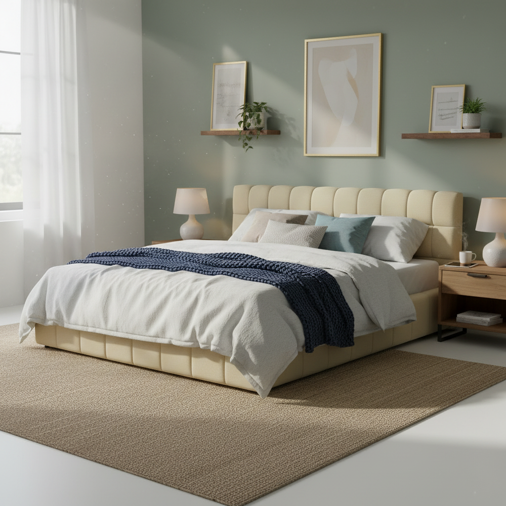 Katence Elegant Linen Platform Bed with Upholstered Headboard and Solid Frame Stability Beige Fabric